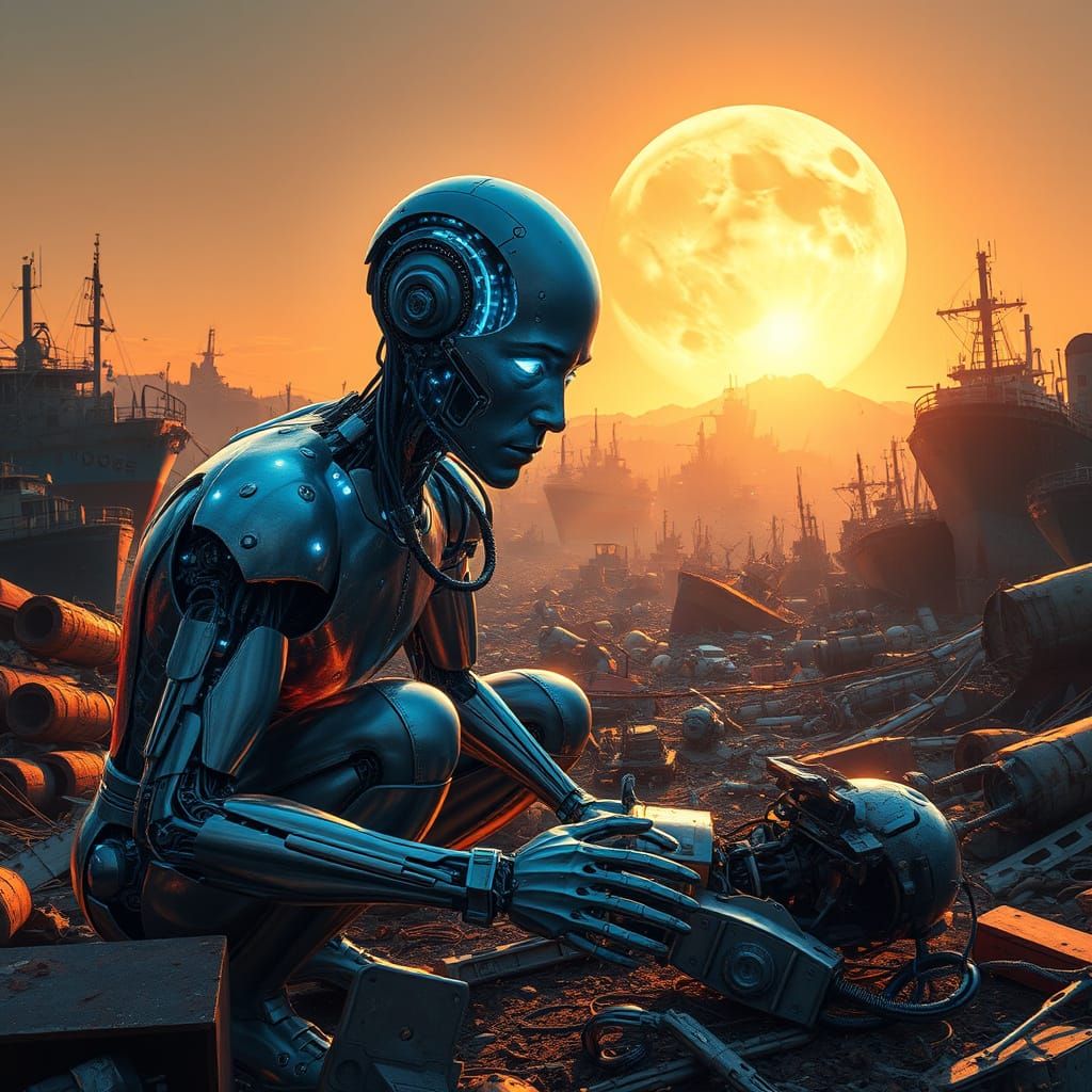 Android Android in Industrial Shipyard Gazing at Torn Robot ...