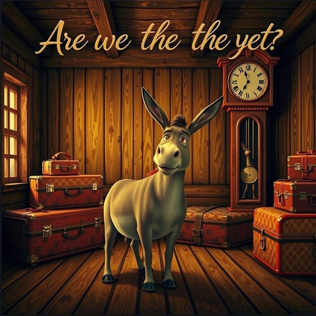 Distressed Donkey Gazing Up at Clock Tower in Whimsical Cart...