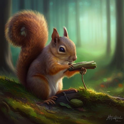 Detailed Squirrel Portrait in Dreamy Forest Illustration