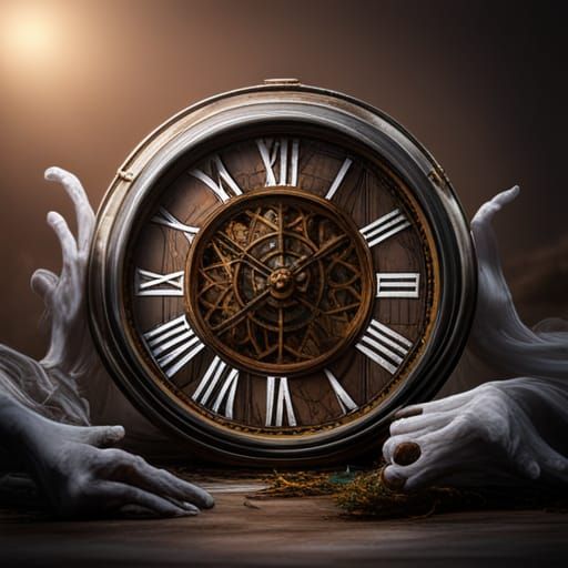 Ghostly Clock Held by Spindly Fingers in Mist