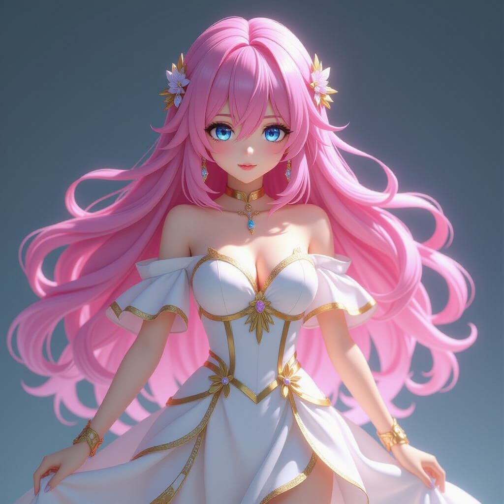 Anime Girl Zoey in White Gold Dress