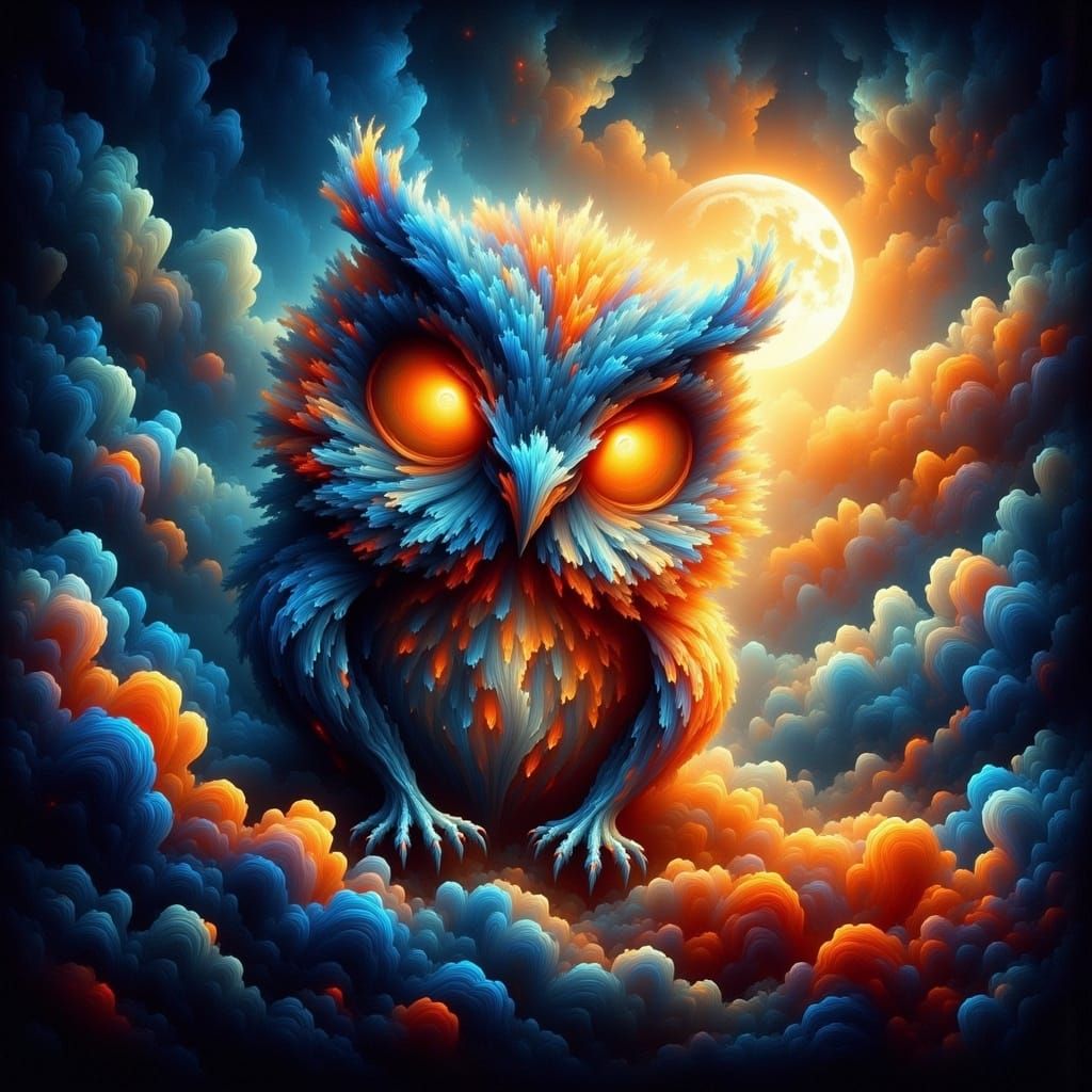 Colorful Fluffy Owl on Roof Under Huge Moon