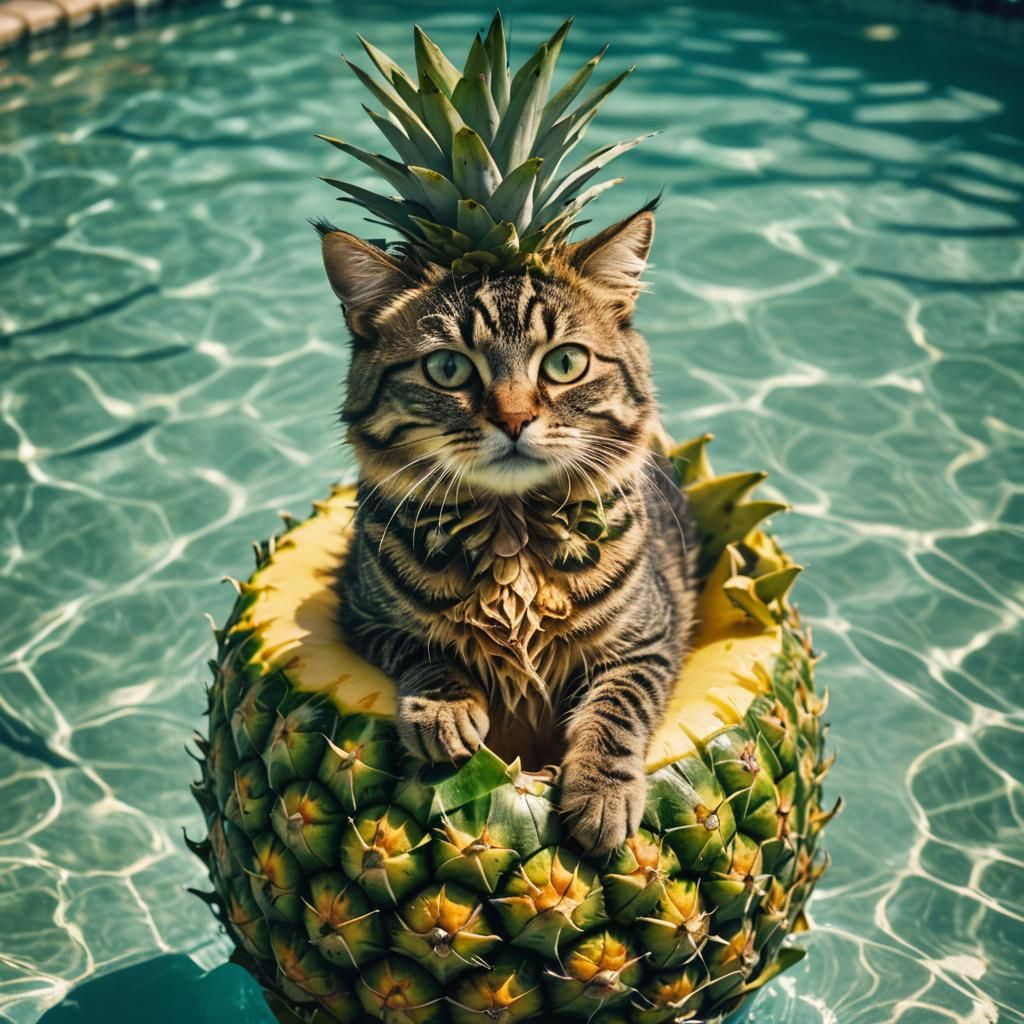 Pineapple Cat Lounging on Float in Pool