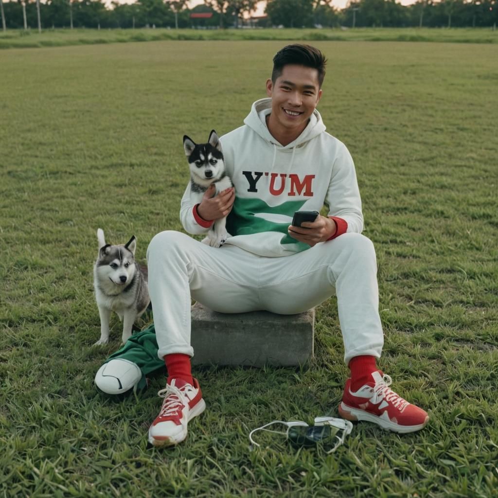 a beautiful thai 20-year-old boy ,wearing T-shirt red and bl...