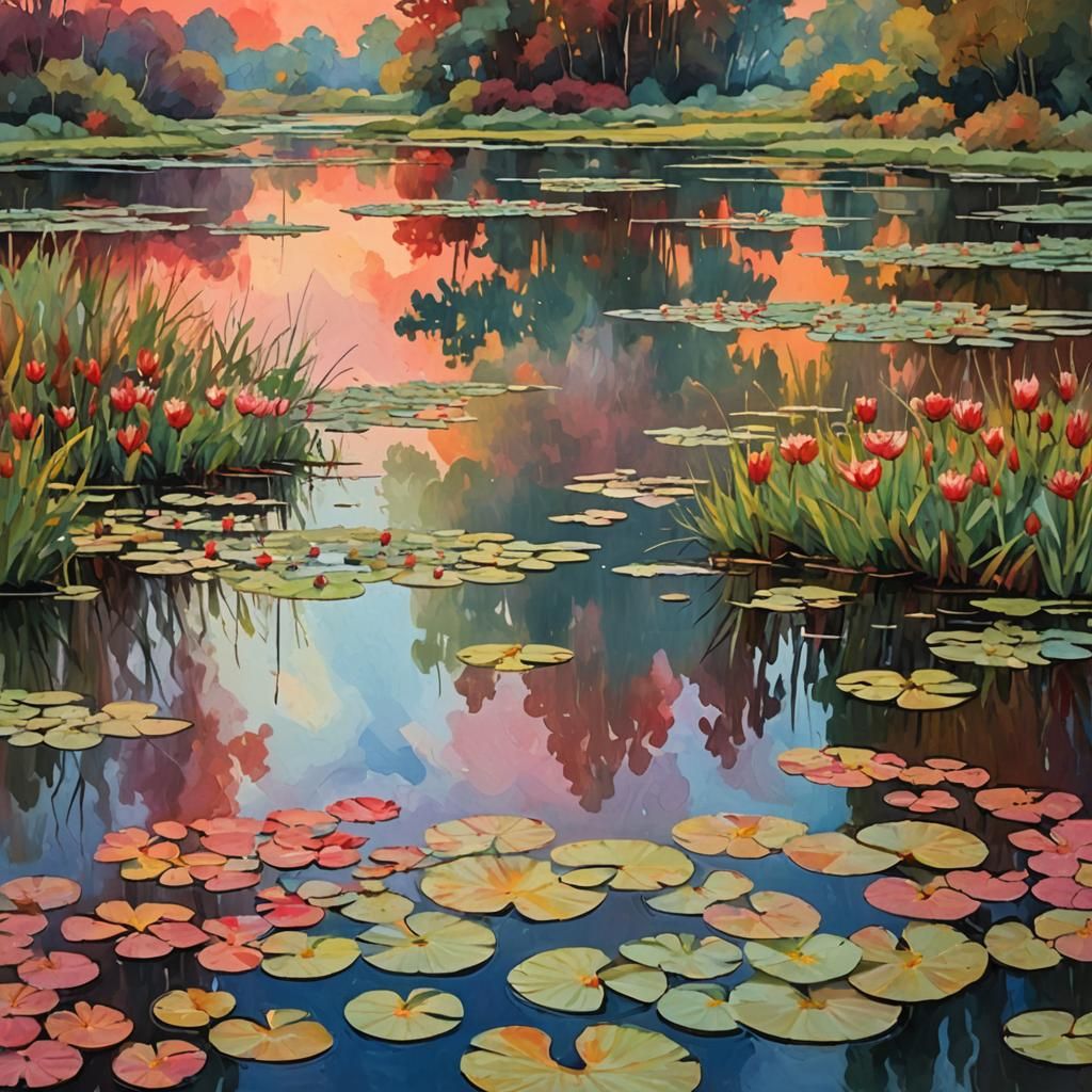 Red Sky Autumn Meadow in Gouache Style