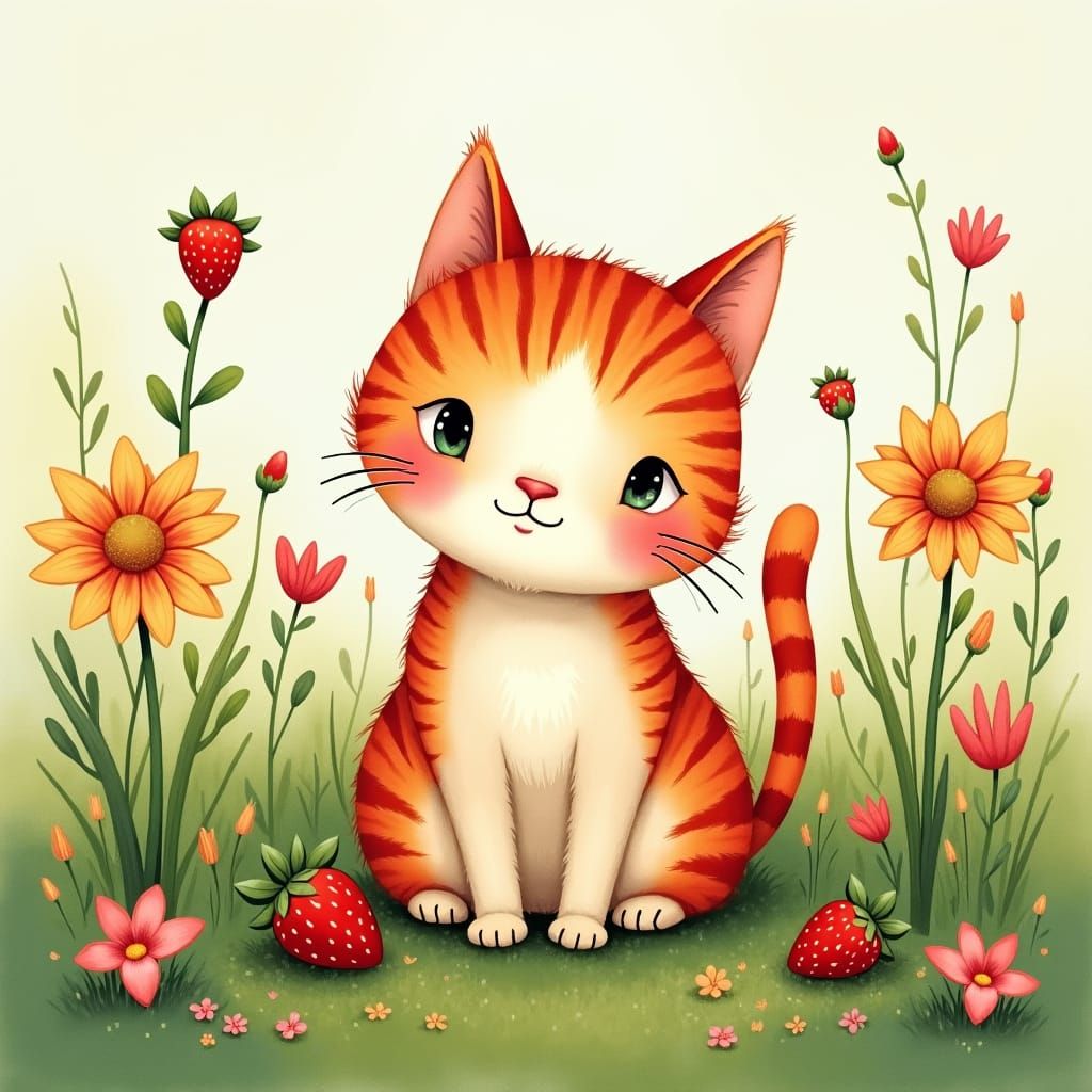 Strawberry Cat in Dreamy Wildflower Meadow