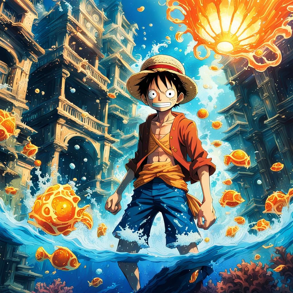 Luffy in Glowing Underwater City: Fantasy Art