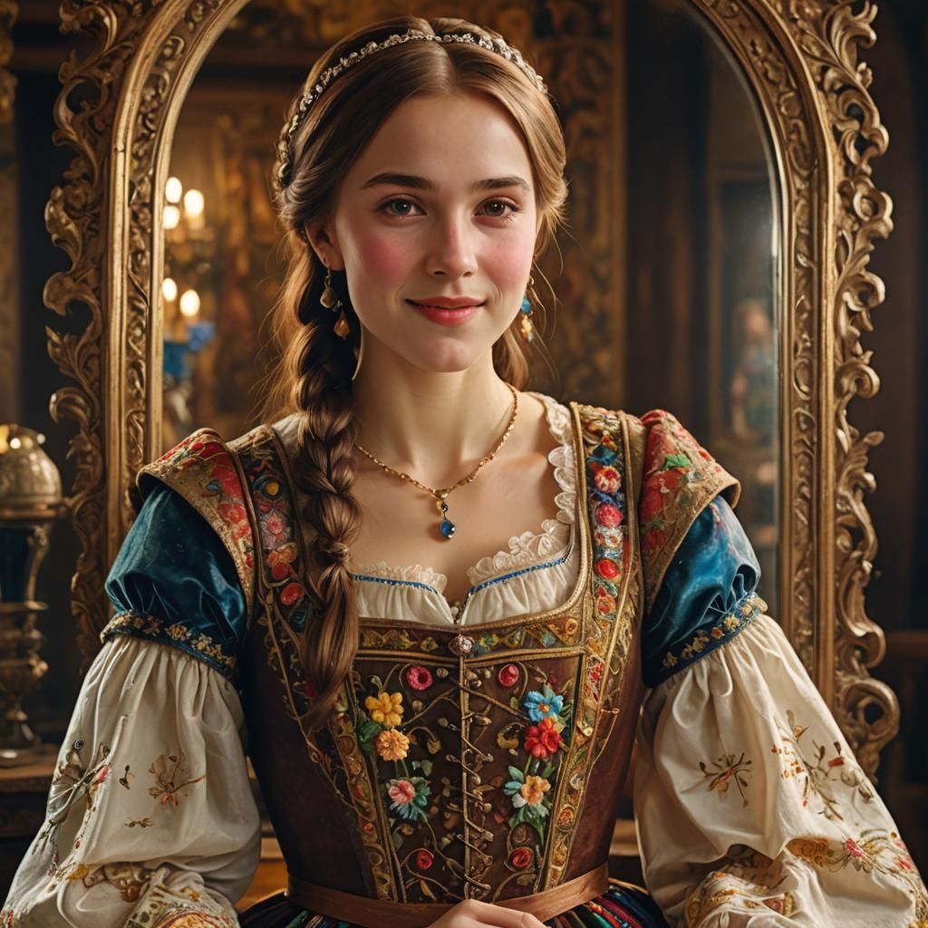 Pretty Brown Haired Medieval Girl Standing in Front of a Mir...