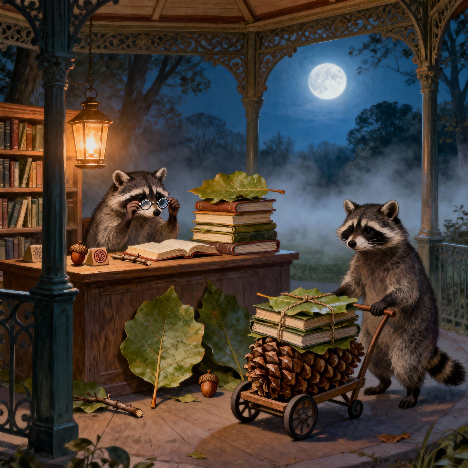 Raccoons Run Secret Leaf Library in Storybook Realism