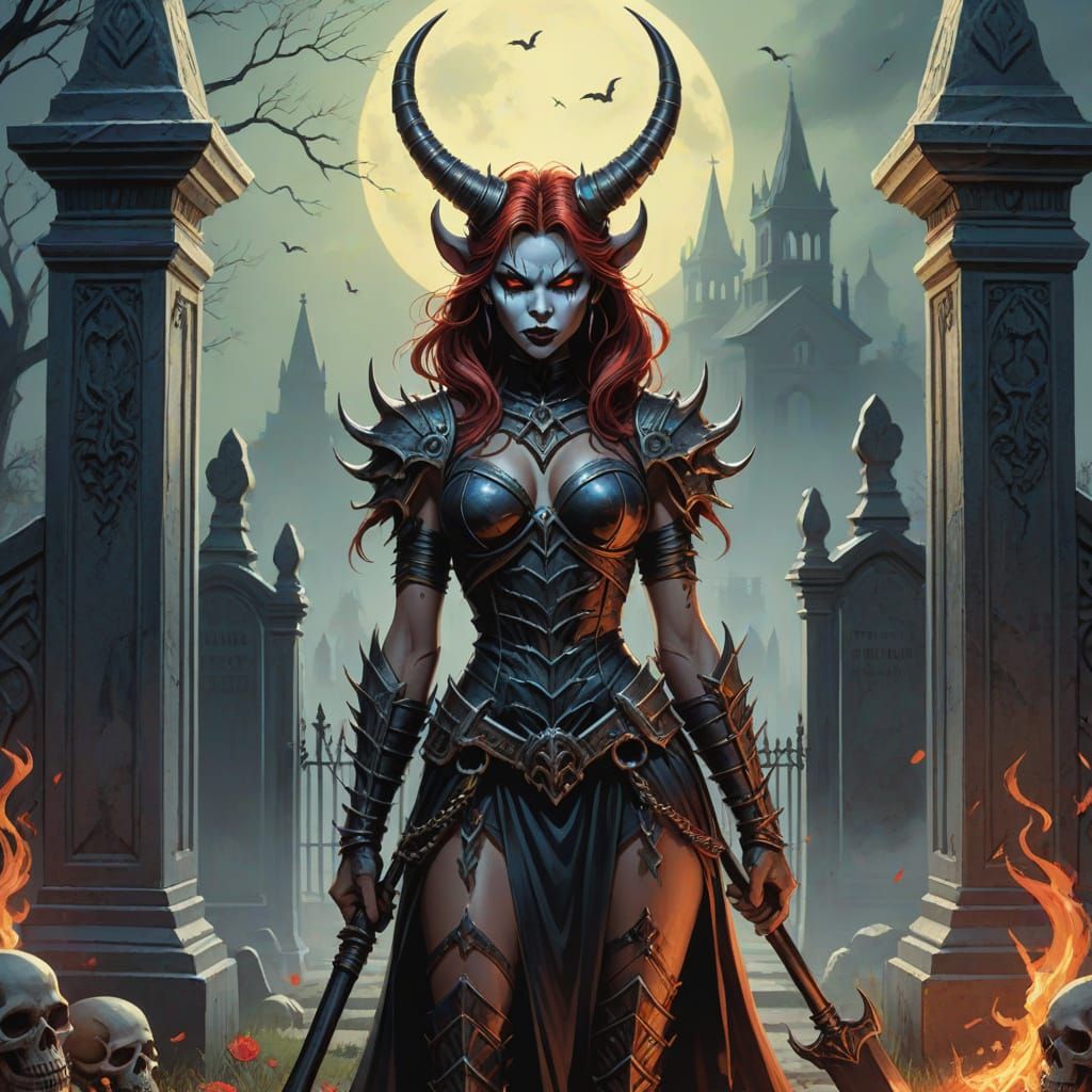 Demoness with Pitchfork in Cemetery: Comic Book Art