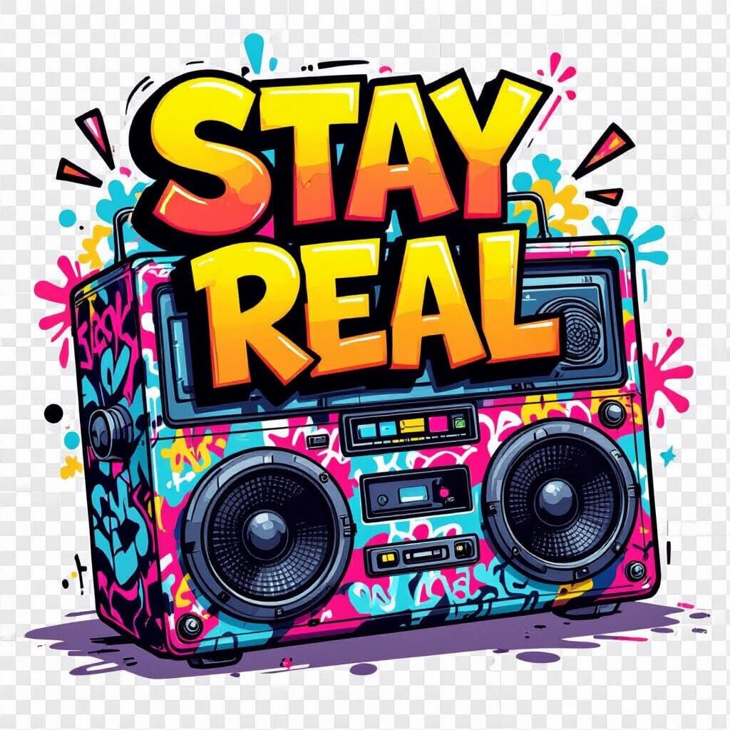 Cartoon Boombox with Graffiti and Neon Accents