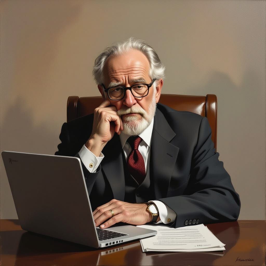 Elderly Man Ponders Job Applications: Realistic Art