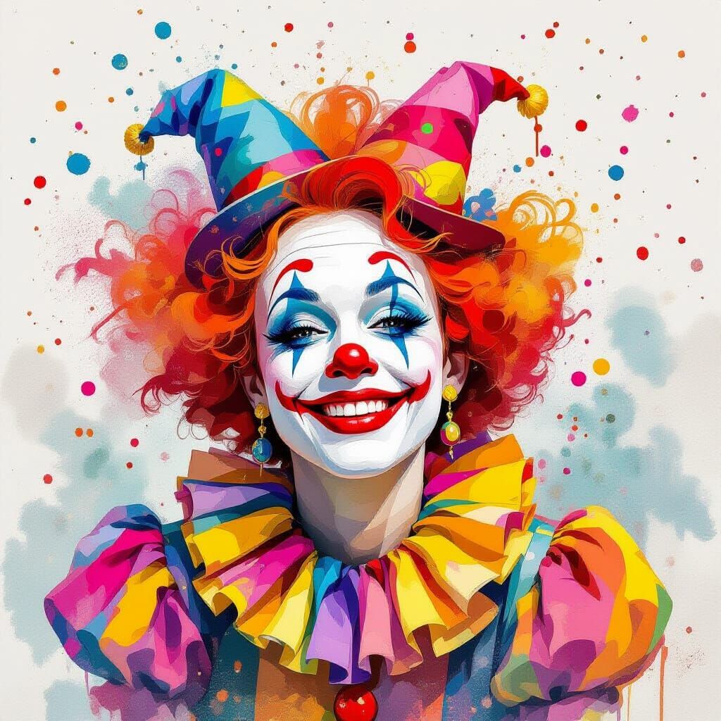 Surreal Female Clown With Confetti Explosion, Digital Waterc...