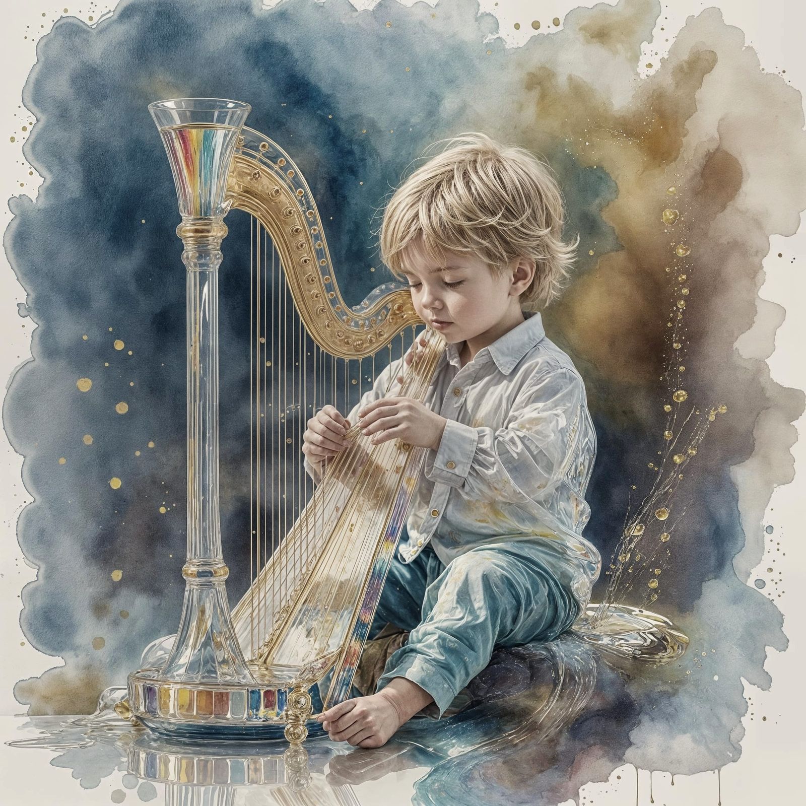 Blond Boy Plays Crystal Harp in Watercolor Style