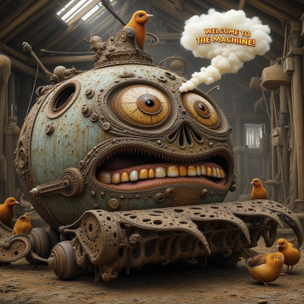 Rusty Farm Machine Welcomes with Dusty Speech Bubble