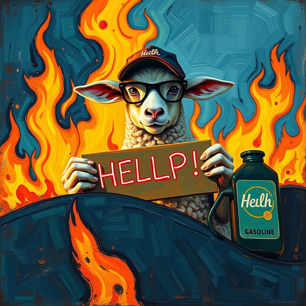 Lamb in Burning Car: Expressive Impasto Art