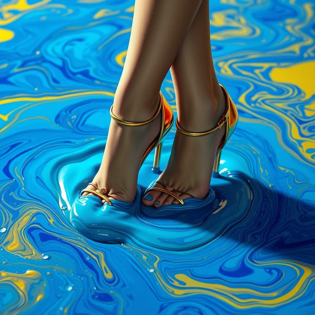 Elegant Feet Stuck in Electric Blue Glue in Futuristic Style