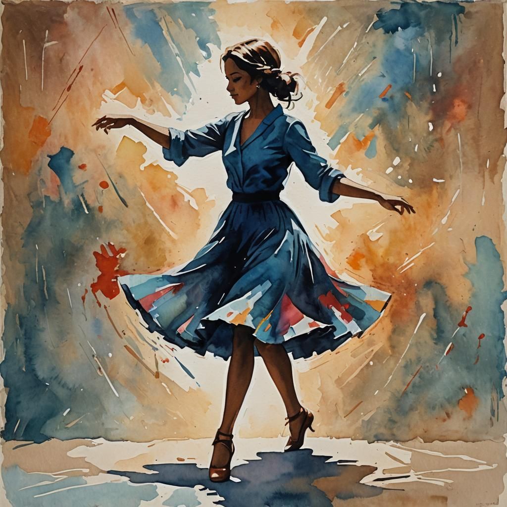 Girl Dancing Silhouette in Gouache Watercolor Style