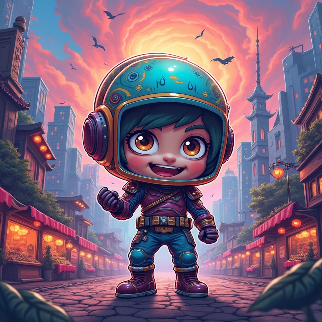 Whimsical Chibi Juggernaut Rules Vibrant Cityscape