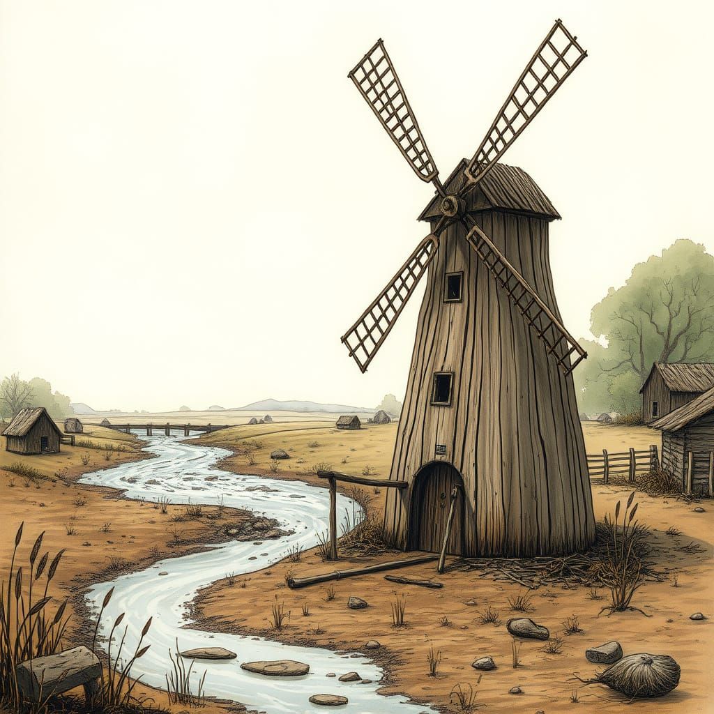 Rustic Wooden Windmill in a Rural Landscape