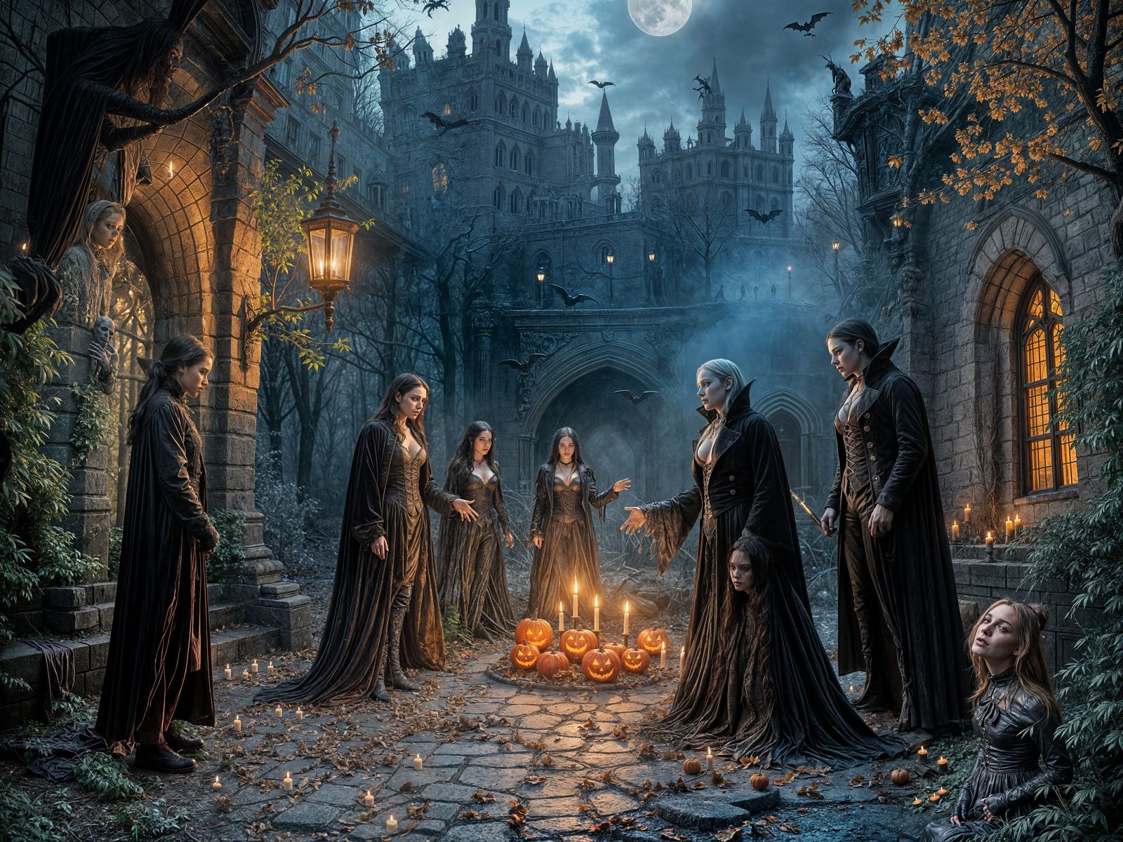 Gothic Vampire Halloween Gathering in Castle Courtyard