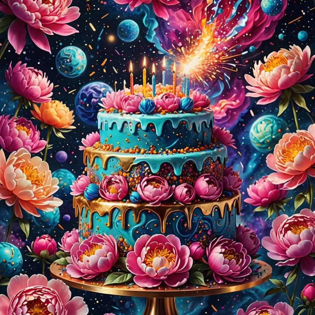 Cosmic Birthday Cake Explodes with Astral Sparkles