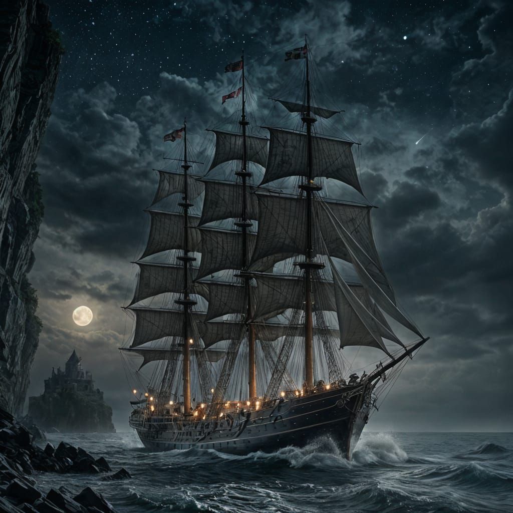 Fantasy Sailing Ship Under Moonlit Castle