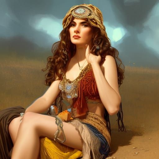 Bohemian Gypsy Woman Portrait with Caravan Fire