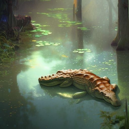 Sparkling Alligator in Pond, Art Nouveau Style