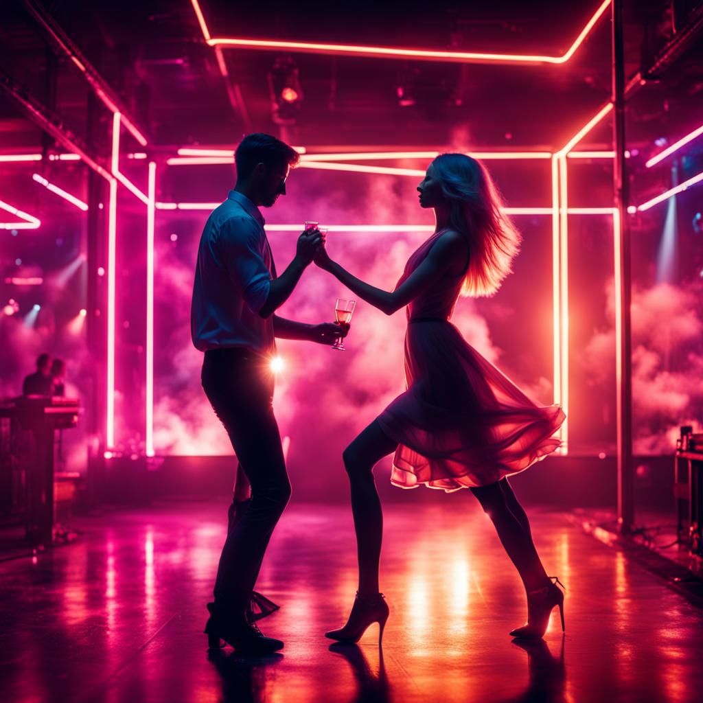 Tango Dancers in Neon Nightclub