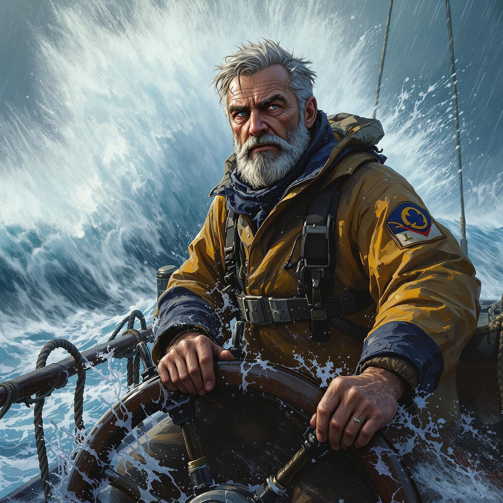 Sailor Navigates Tempestuous Sea in Splash Art Style