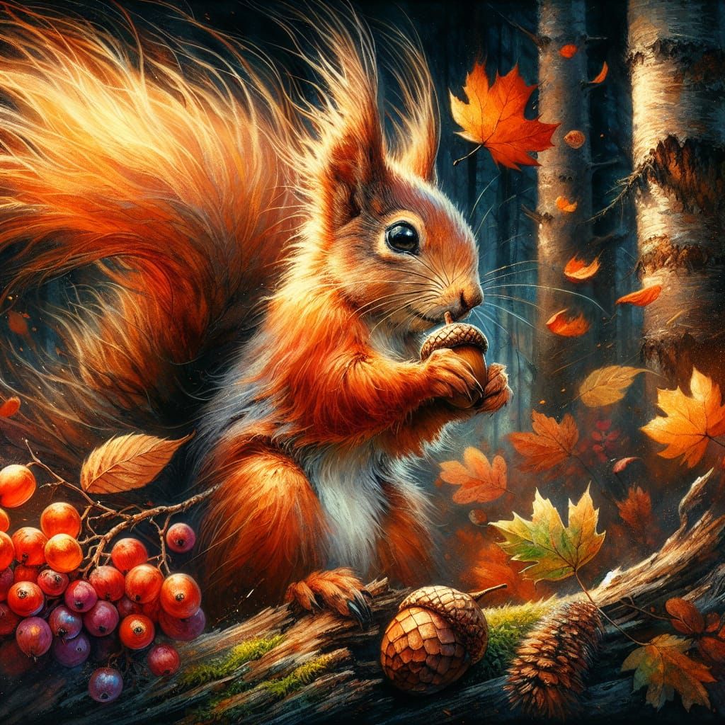 Squirrel with Acorn in Autumn Watercolor Painting