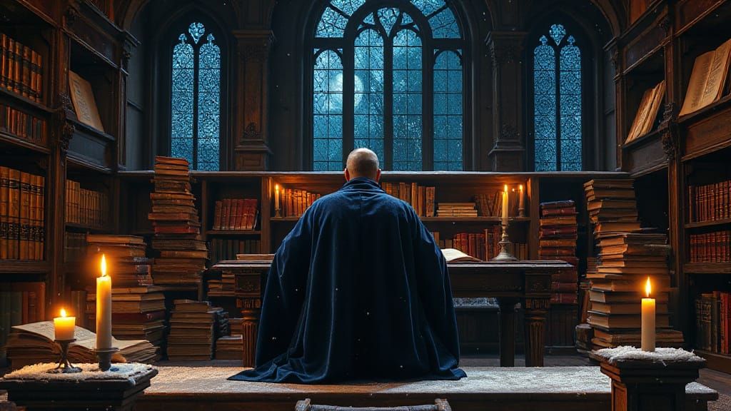 Scholar in Snowy Library with Ancient Tomes