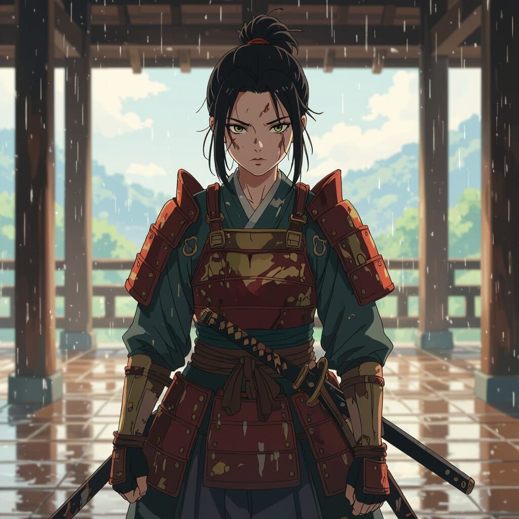Stoic Female Samurai Warrior in Ornate Armor