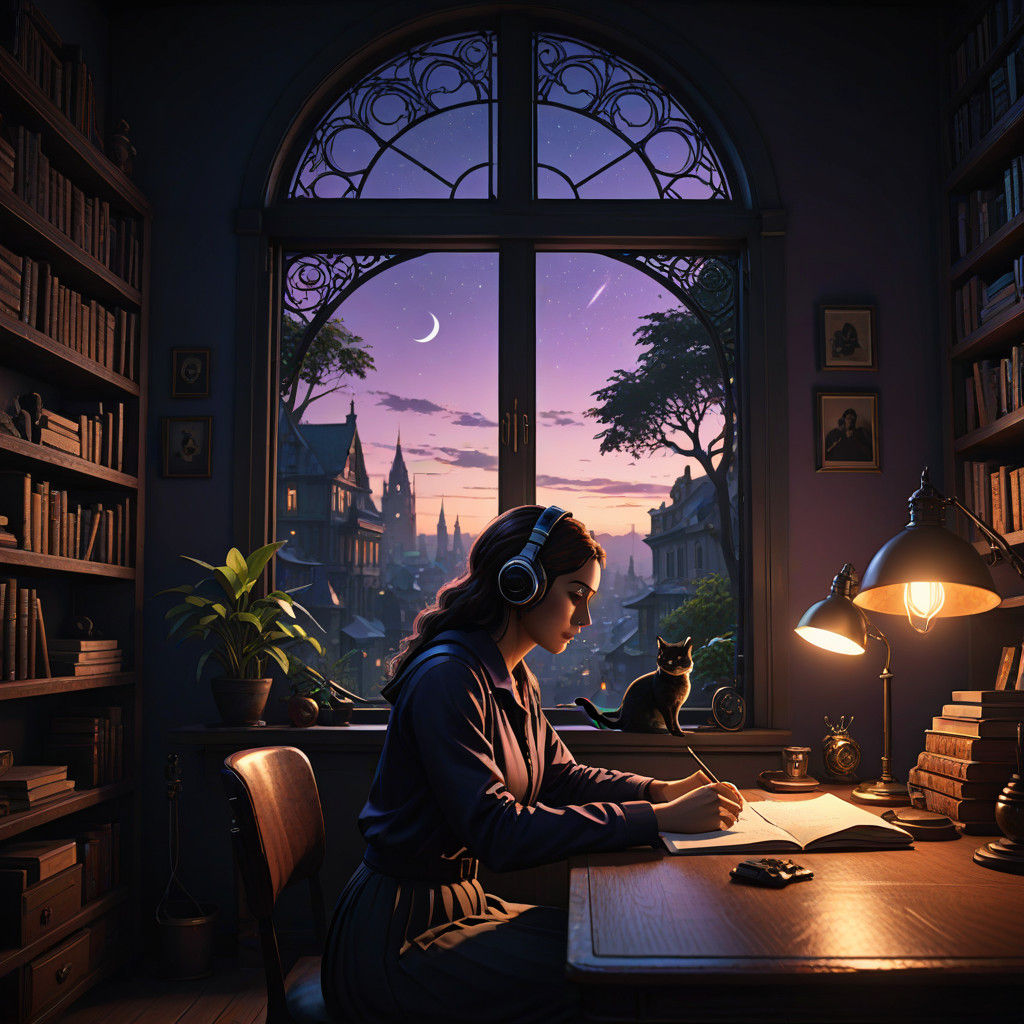 Lofi Girl Under Golden Hour Glow, Beside a Comet in the Nigh...