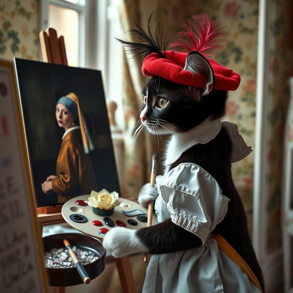 Adorable Cat Artist Recreates Girl with Pearl Earring