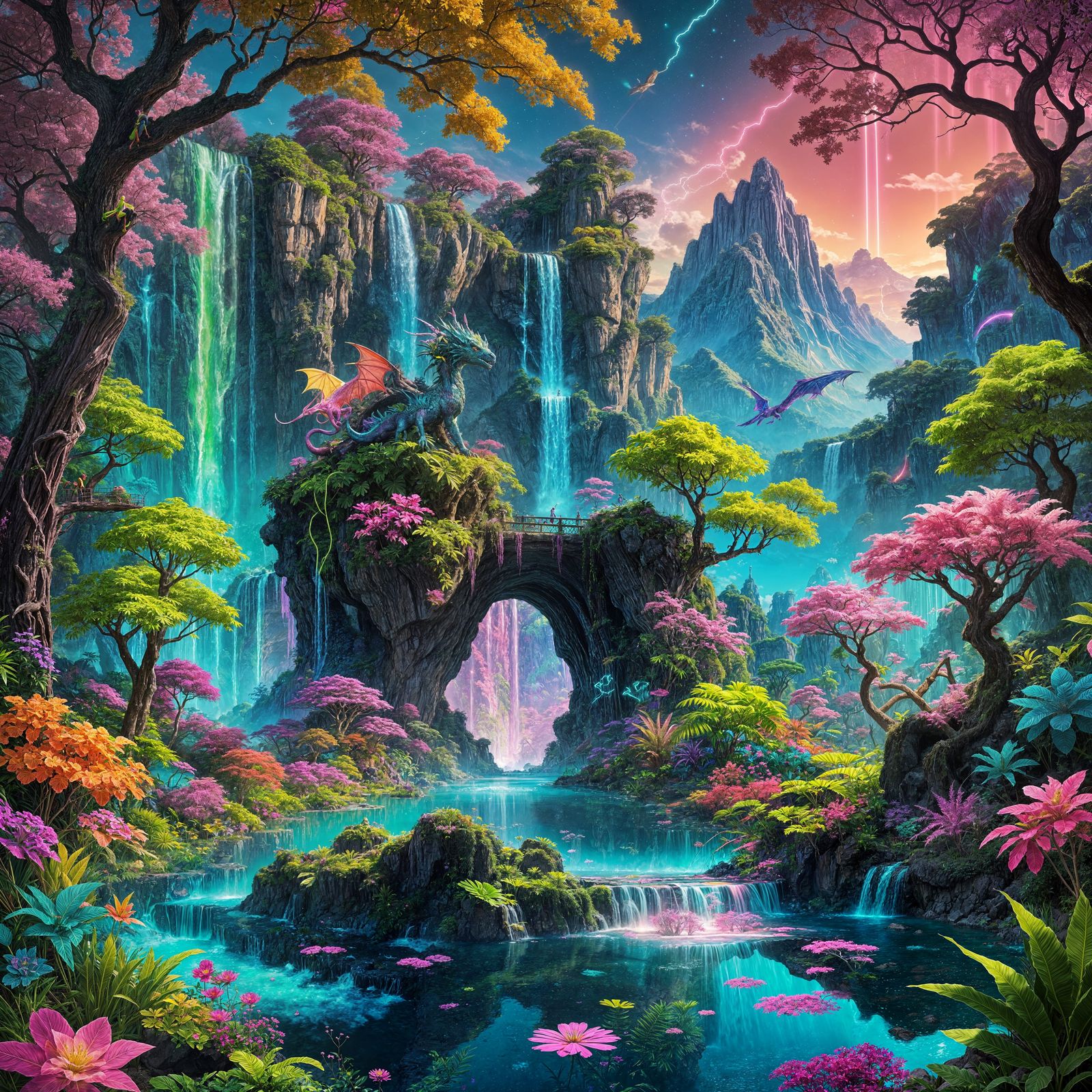 Fluorescent Neon Oasis with Rainbow Dragons
