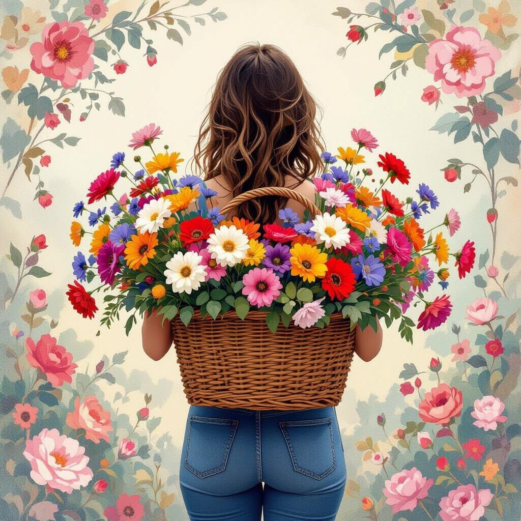Woman with Flower Basket in Dreamy Illustration
