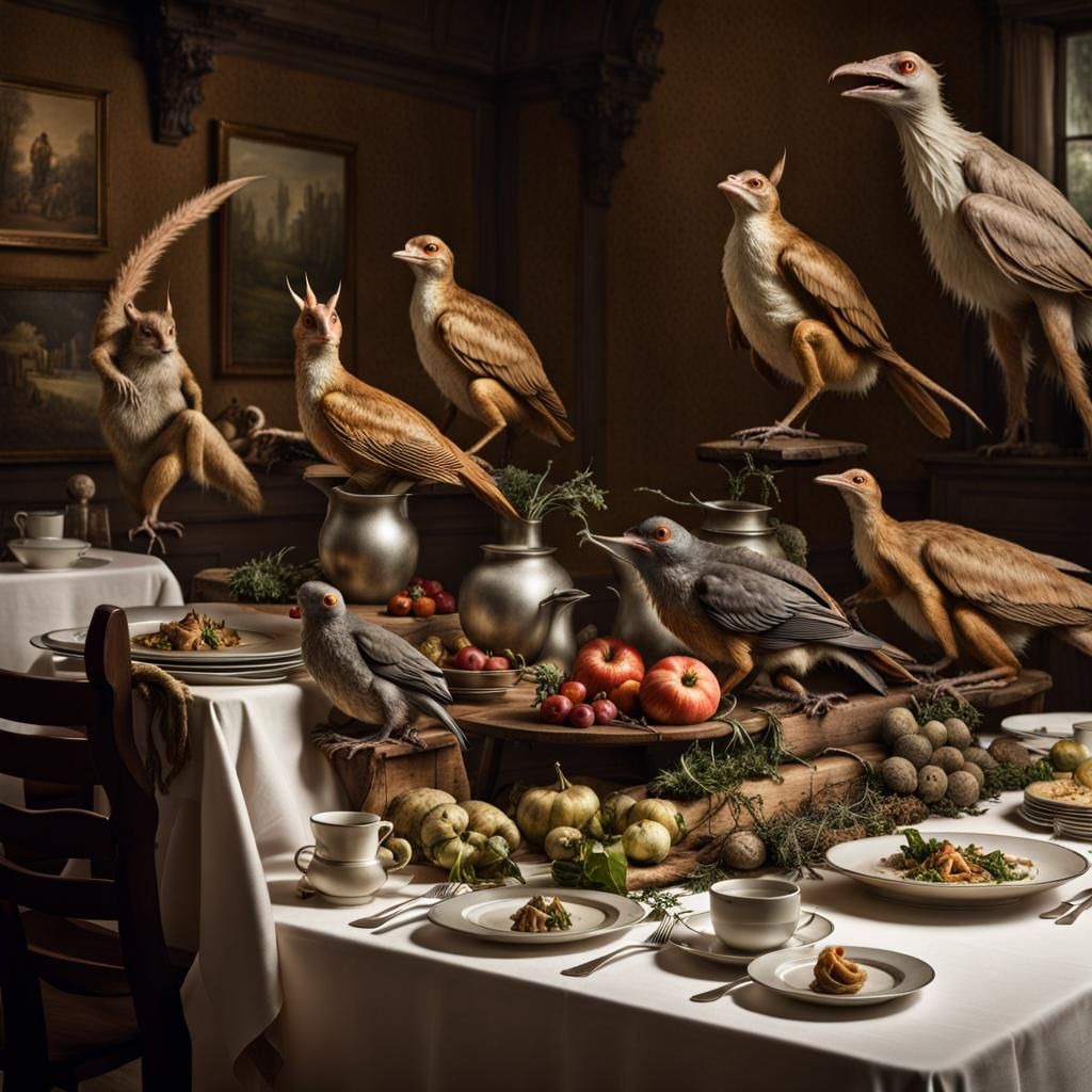 Surreal Restaurant with Bizarre Creatures, Masterpiece Paint...