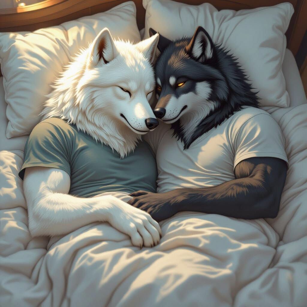 Two Muscular Wolves Sleeping Peacefully in Bed