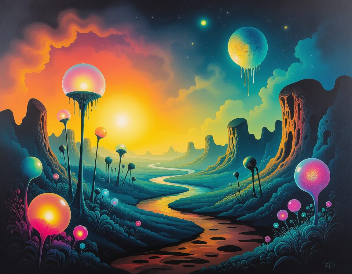 Surreal Alien Planet with Bioluminescent Flora