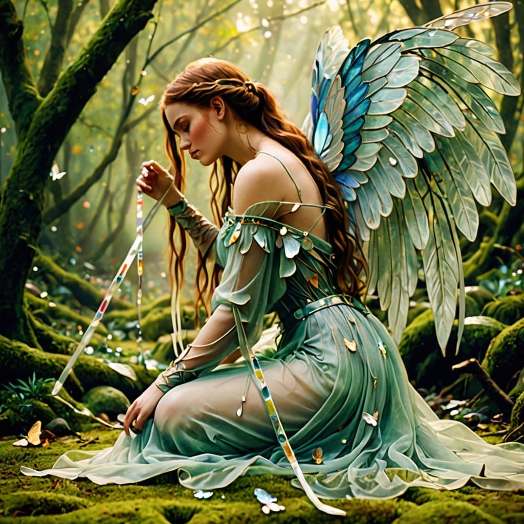 Woman with Broken Glass Wings in Fauvist Style