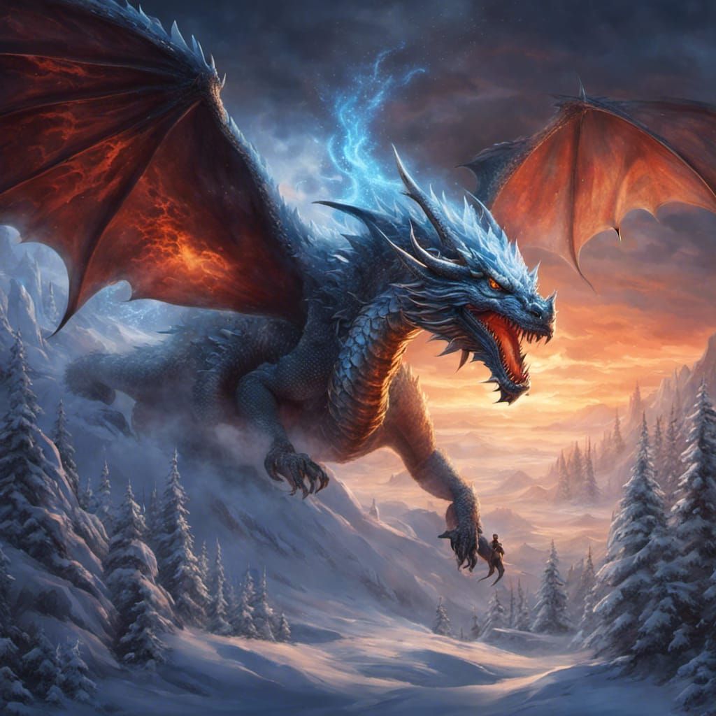 Fire and Ice Dragon Soaring in Moonlight