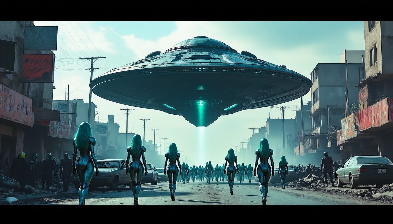 Alien Spaceship Landing in Post-Apocalyptic City