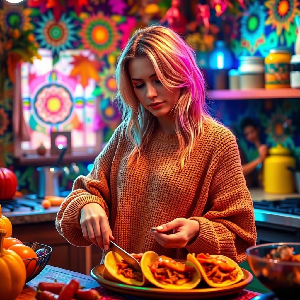 Woman Prepares Tacos in Cosmic Cubism Style