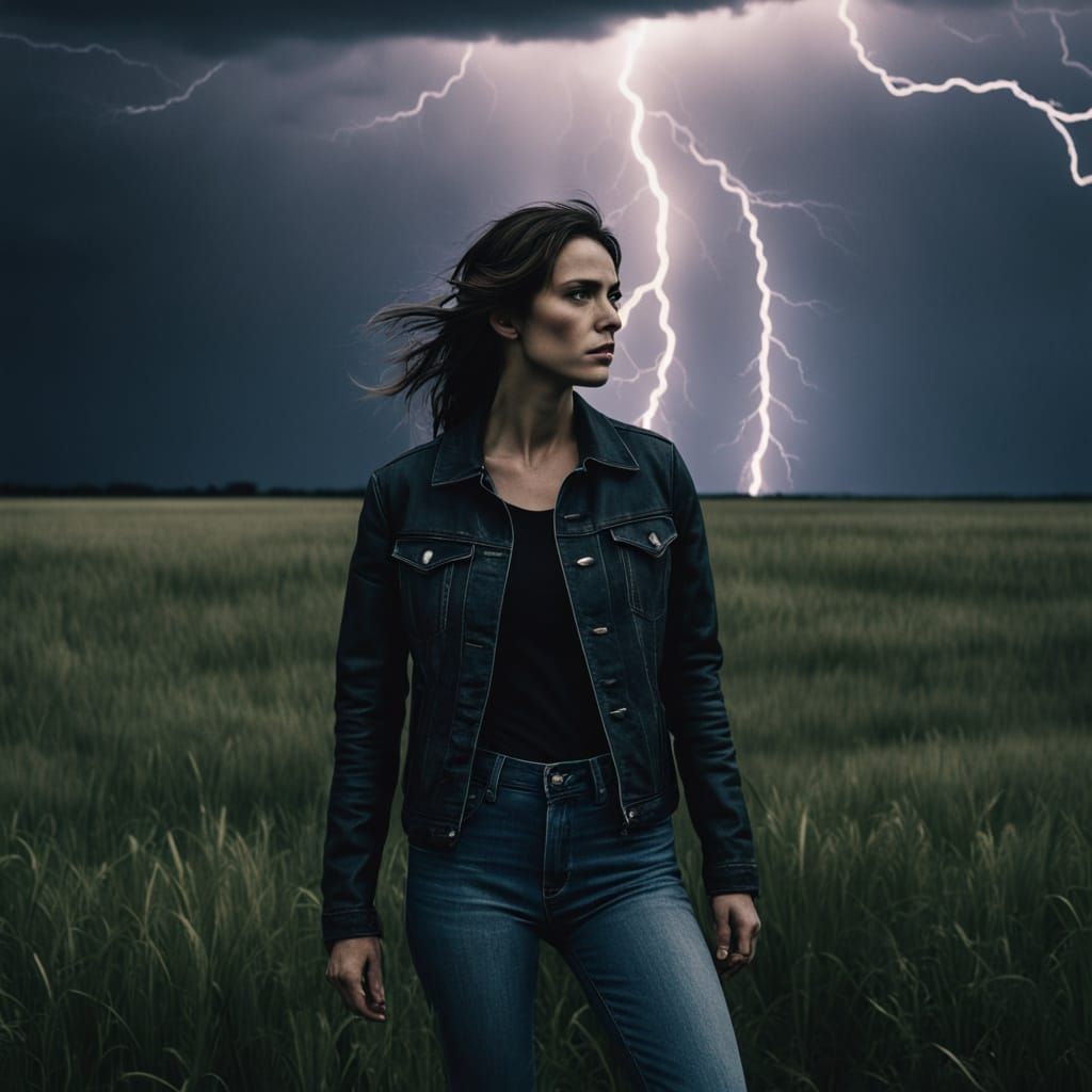 Young Woman in Field During Lightning Storm Cinematic Still