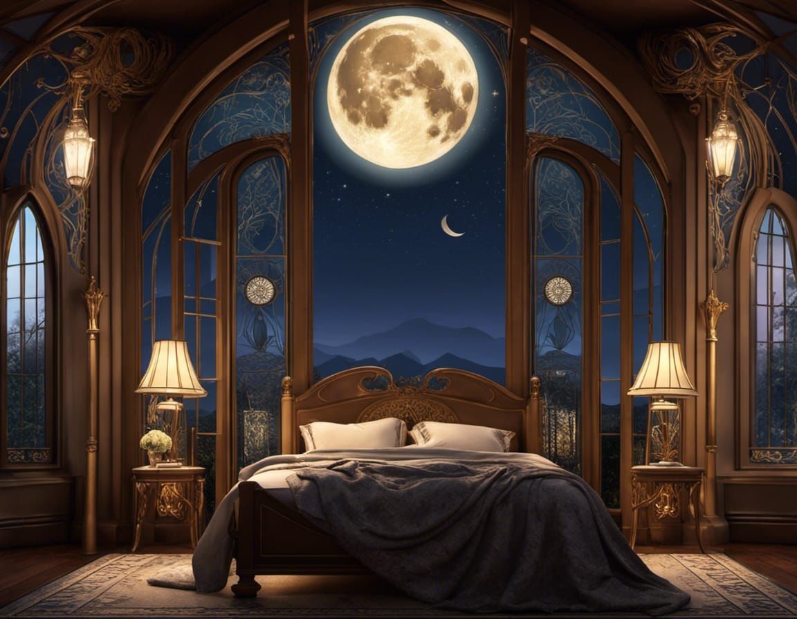 Moonlit Art Nouveau Bedroom in Night Sky