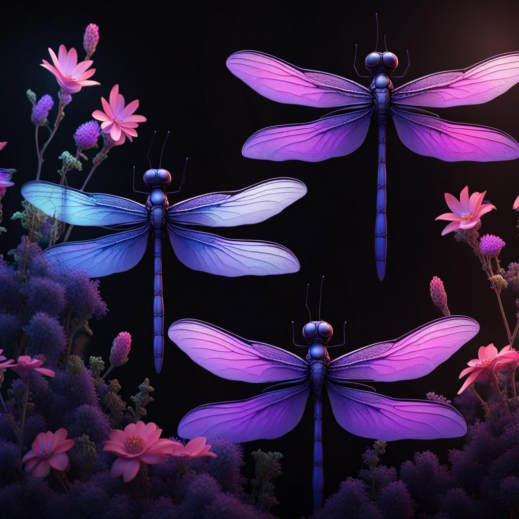 Dragonflies and Flowers in Blacklight Effect