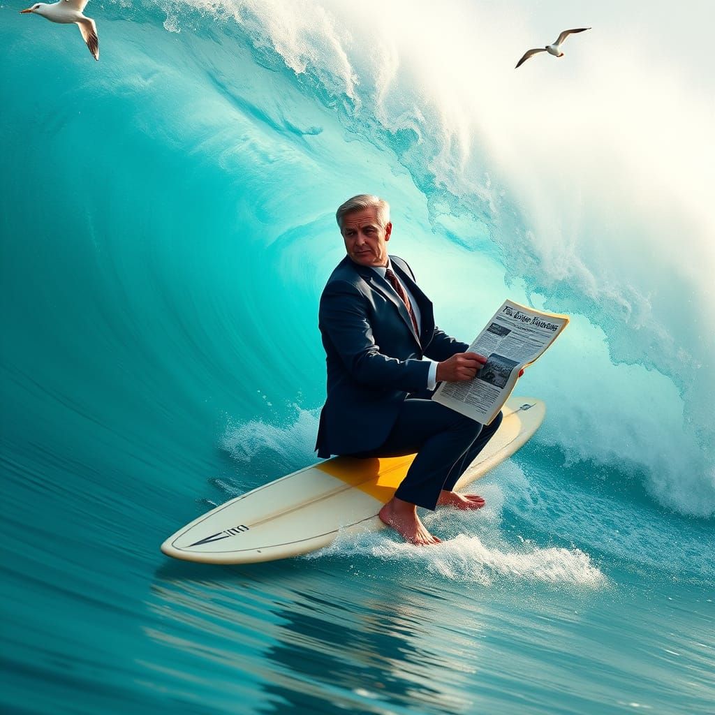 Businessman Rides Surfboard with Intense Focus