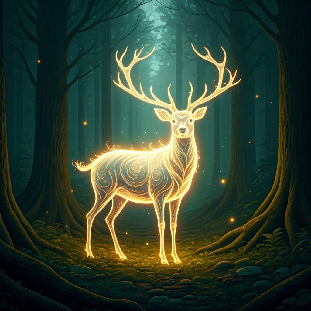Ethereal Deer in Mystical Forest, Digital Matte Painting